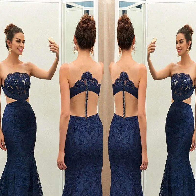 Unique Navy Blue Lace See-through Round Neck Mermaid Floor-length Prom Dress ,Evening Party Dresses,PDY0259 High-Low Hemline Casual