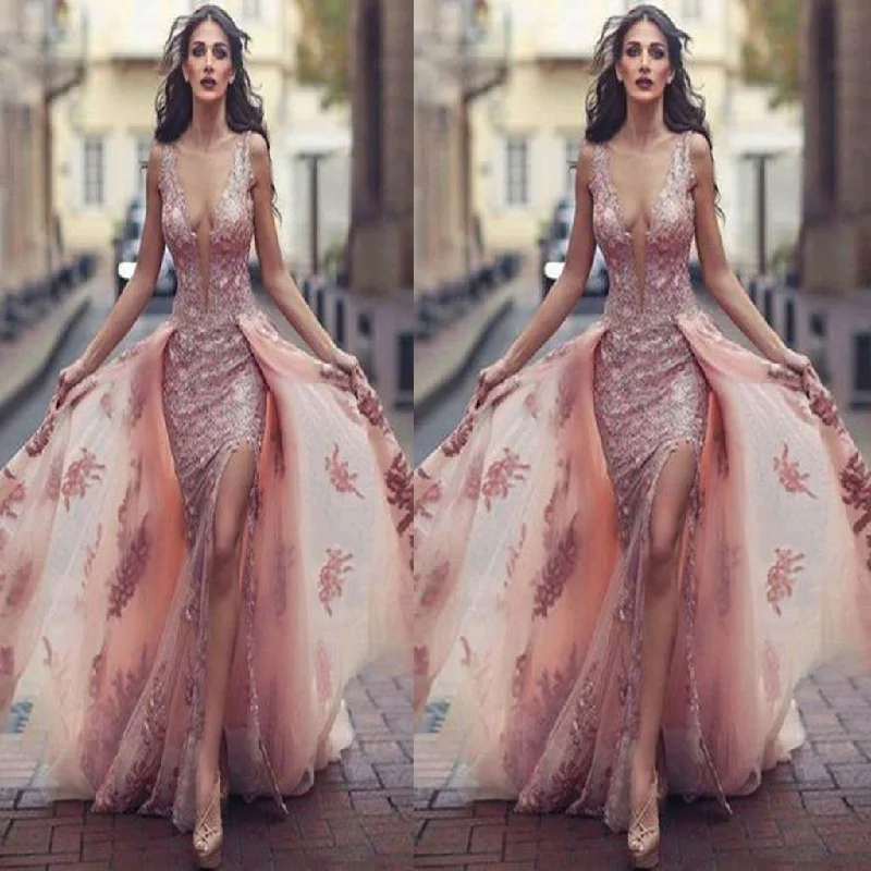 Charming Sweep Train Deep V Neck Pink Tulle Prom Dress with Lace Appliques,Evening Party Dresses,PDY0257 Satin Halter Glamorous