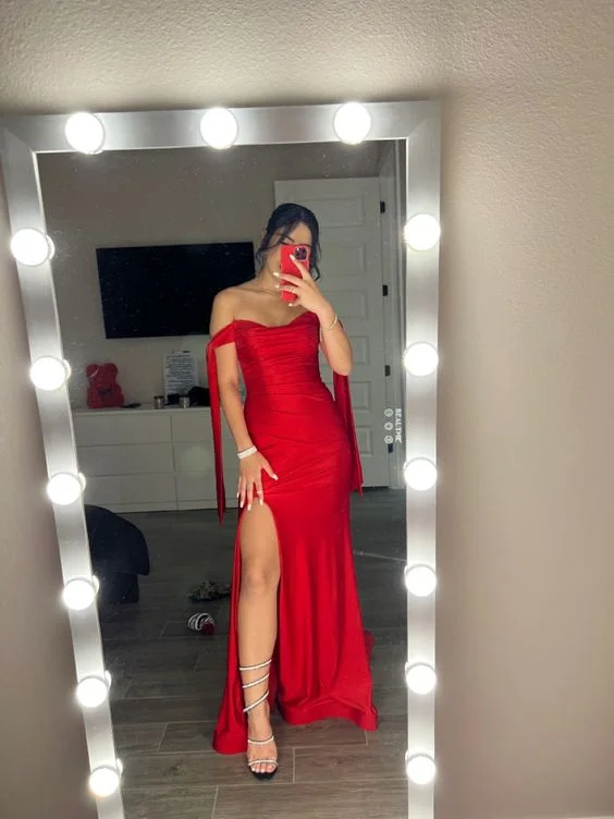 Red Off Shoulder Sheath Satin Long Party Dress with Split MD7378 Tunics Bridal satin Red Off Shoulder Sheath Satin Long Party Dress with Split MD7378 Tunics Bridal satin