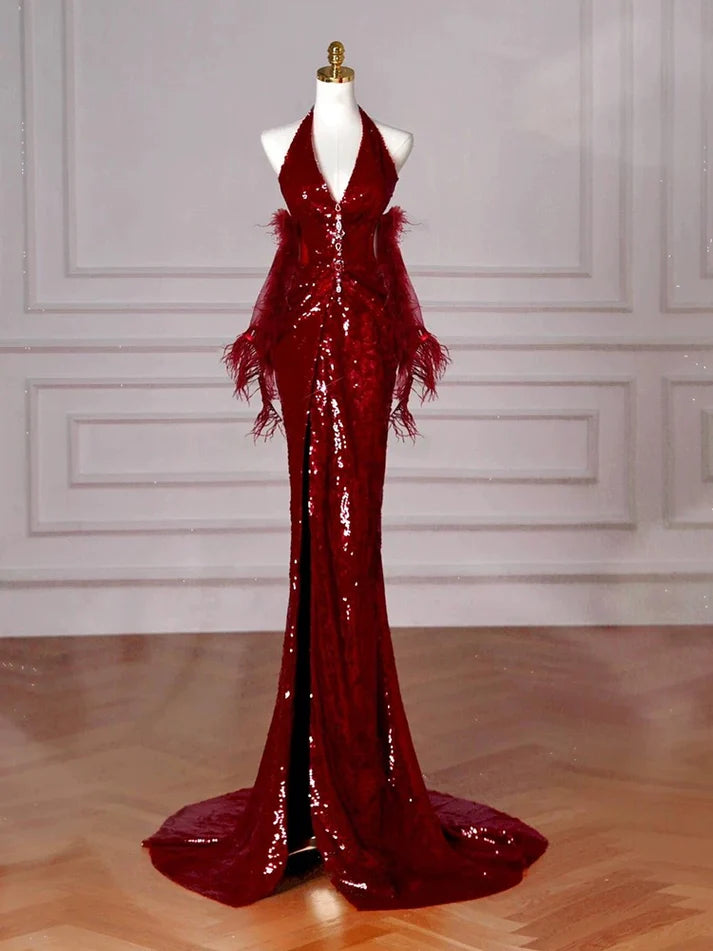 Red Halter Sequin Mermaid Long Prom Dress Evening Party Dress MD7589 Tunics Evening elegant Red Halter Sequin Mermaid Long Prom Dress Evening Party Dress MD7589 Tunics Evening elegant
