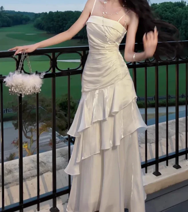 Spaghetti Straps Sheath Chiffon White Long Party Dress Birthday Outfits MD7659 Tunics Prom sequined