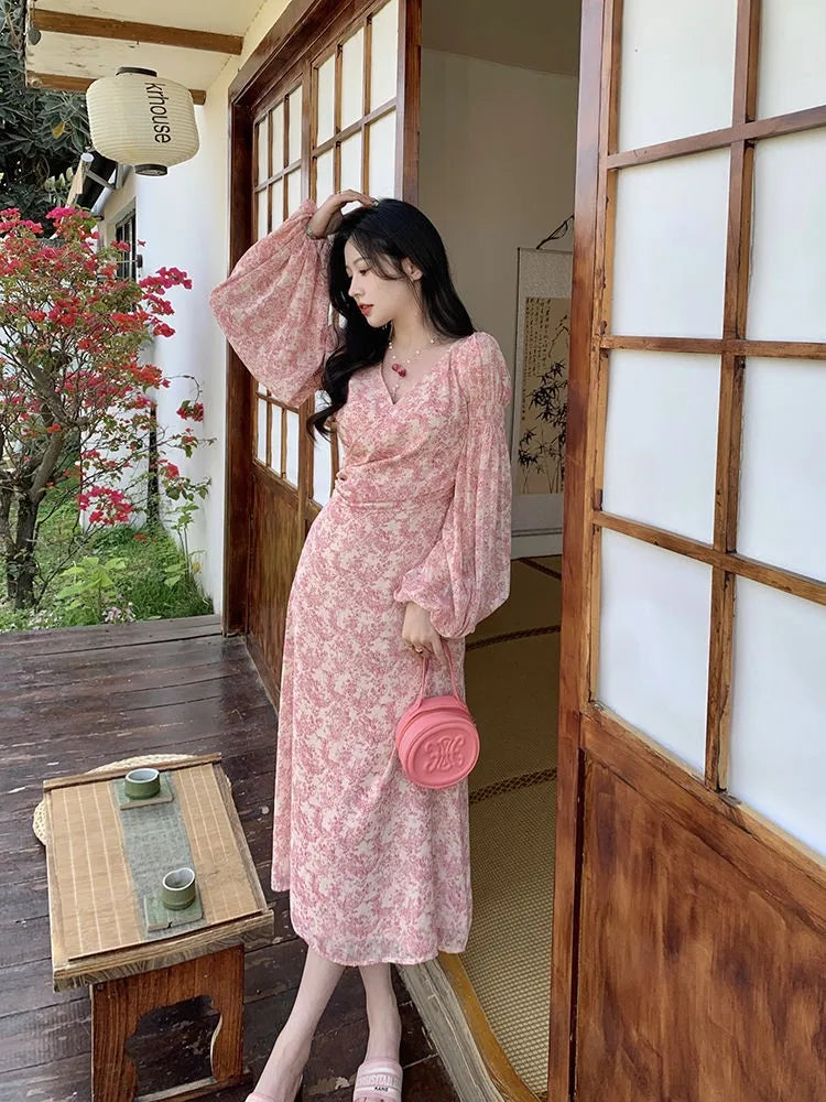 Bonnyshow Long Sleeve Printed Floral Midi Dress Woman Elegant OL Dress Korean Fashion Autumn Beach Casual Evening Party Dress Female Tunics Solid Classic Bonnyshow Long Sleeve Printed Floral Midi Dress Woman Elegant OL Dress Korean Fashion Autumn Beach Casual Evening Party Dress Female Tunics Solid Classic