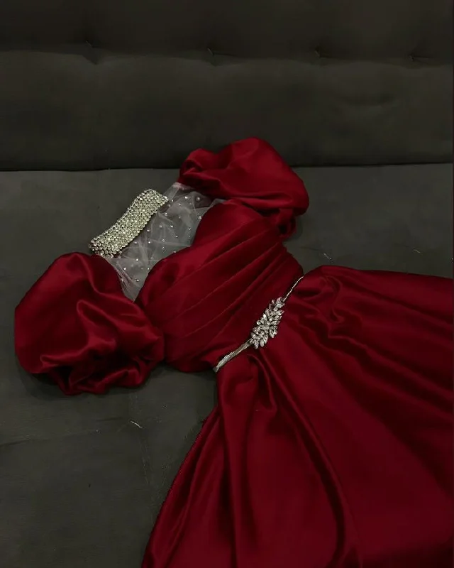 Red High Neck Puffy Sleeves A-Line Satin Lovely Long Party Dress, D314 Tunics Wedding white Red High Neck Puffy Sleeves A-Line Satin Lovely Long Party Dress, D314 Tunics Wedding white