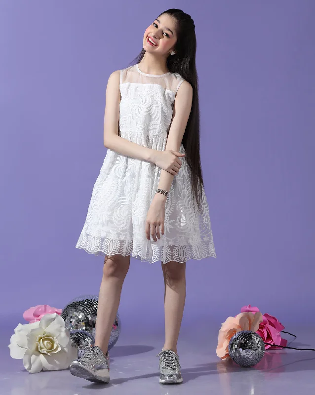 Girl's White Polyester Self Design Dress - Cherry & Jerry Tunics Print Colorful