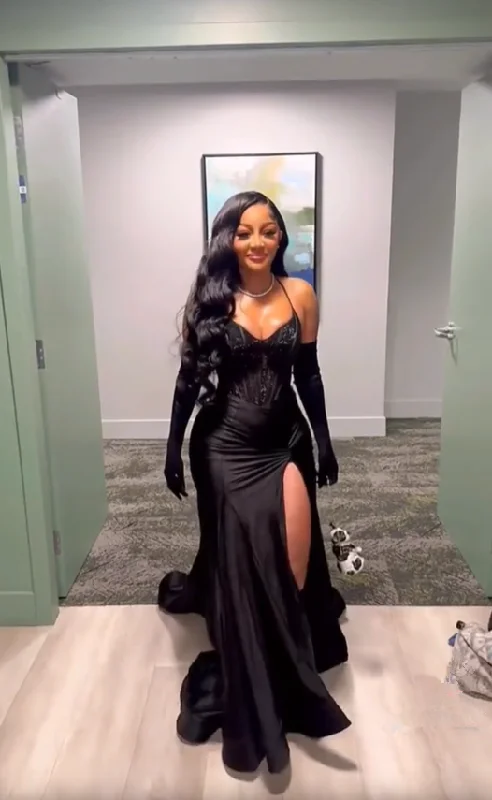 Sexy Straps Black Girl Mermaid Satin Long Party Dress Evening Gown MD7653 Pleated Skirt Elegant