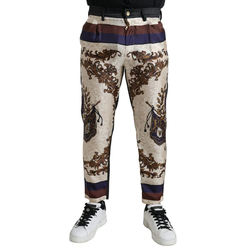 Dolce & Gabbana Elegant Silk Skinny Pants with Heraldic Print Casual Yoga Pants