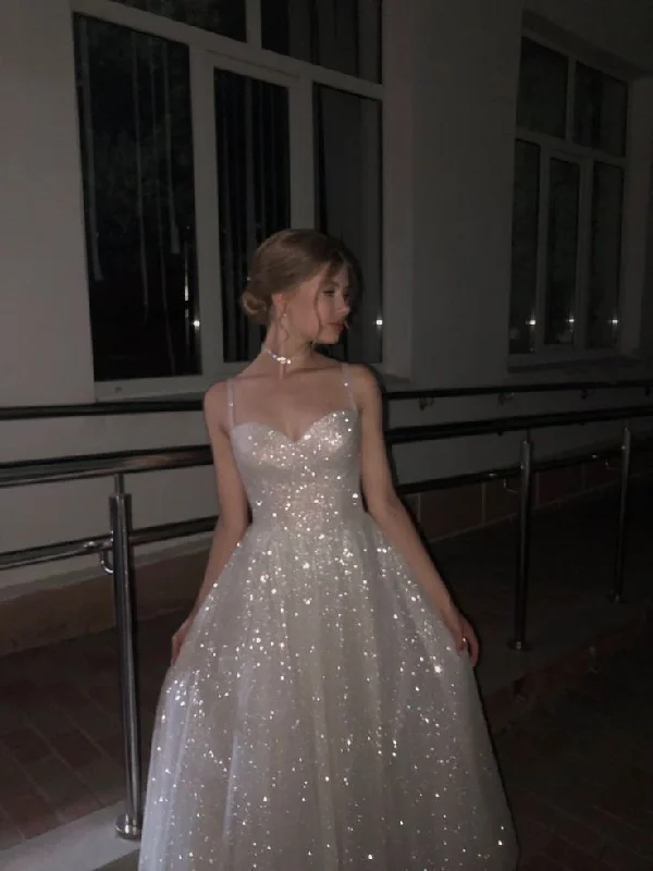 Shiny A-Line Spaghetti Straps Long Party Dress Formal Evening Gown, MD7889 A-Line Day Work