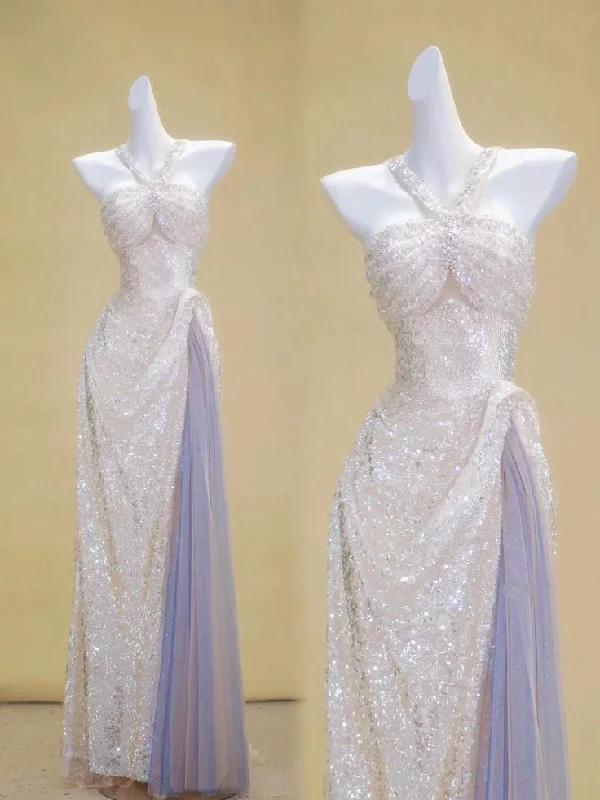 Shiny Halter A-Line Sequins Tulle Long Party Dress Birthday Outfits, D241 Crew Neckline Sporty