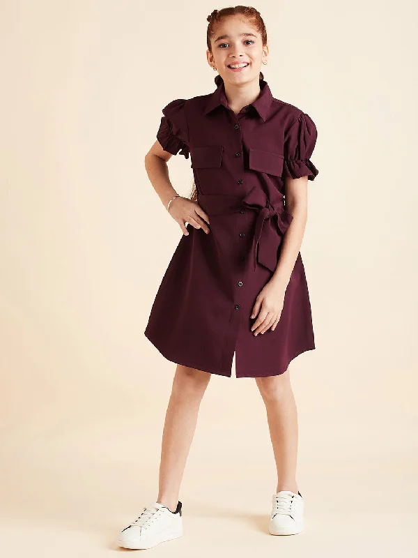 Girl's Burgundy Polyester Solid Dress - Cherry & Jerry Tunics Occasion special