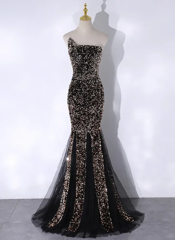Shiny Black Strapless Sequins Tulle Mermaid Long Party Dress MD7343 Shift Classic Vintage