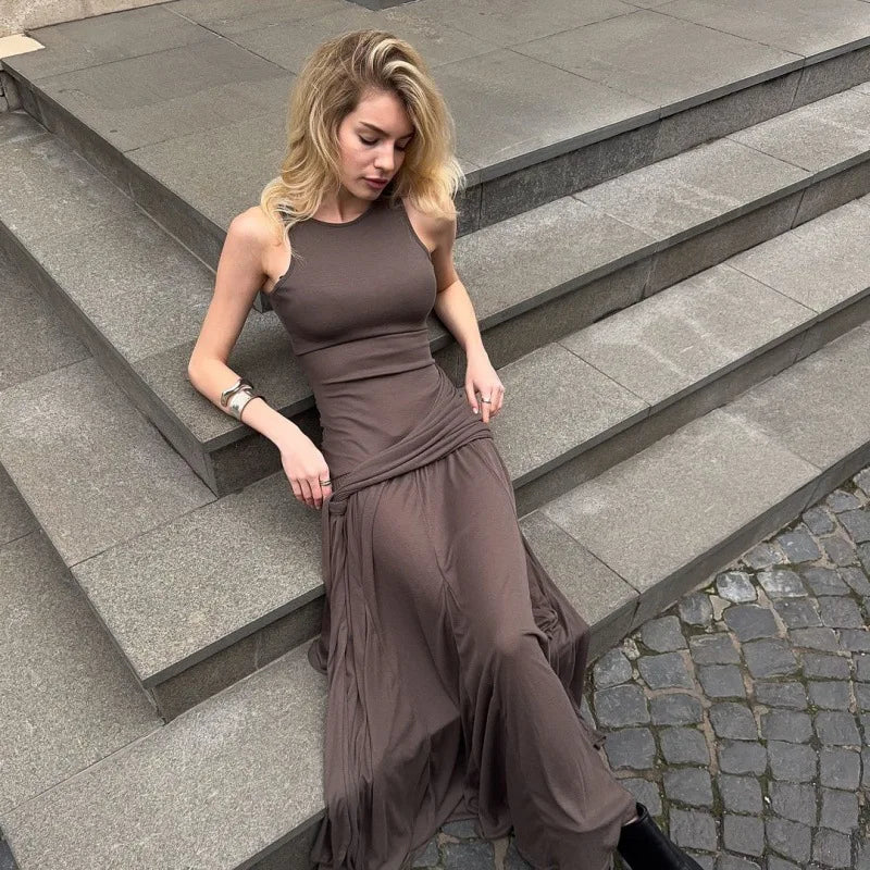 Bonnyshow Brown Ruched Maxi Dress for Women Elegant Sleeveless Slim Evening Party Dresses Summer Fashion Bandage Holiday Outfits Tunics Satin smooth Bonnyshow Brown Ruched Maxi Dress for Women Elegant Sleeveless Slim Evening Party Dresses Summer Fashion Bandage Holiday Outfits Tunics Satin smooth