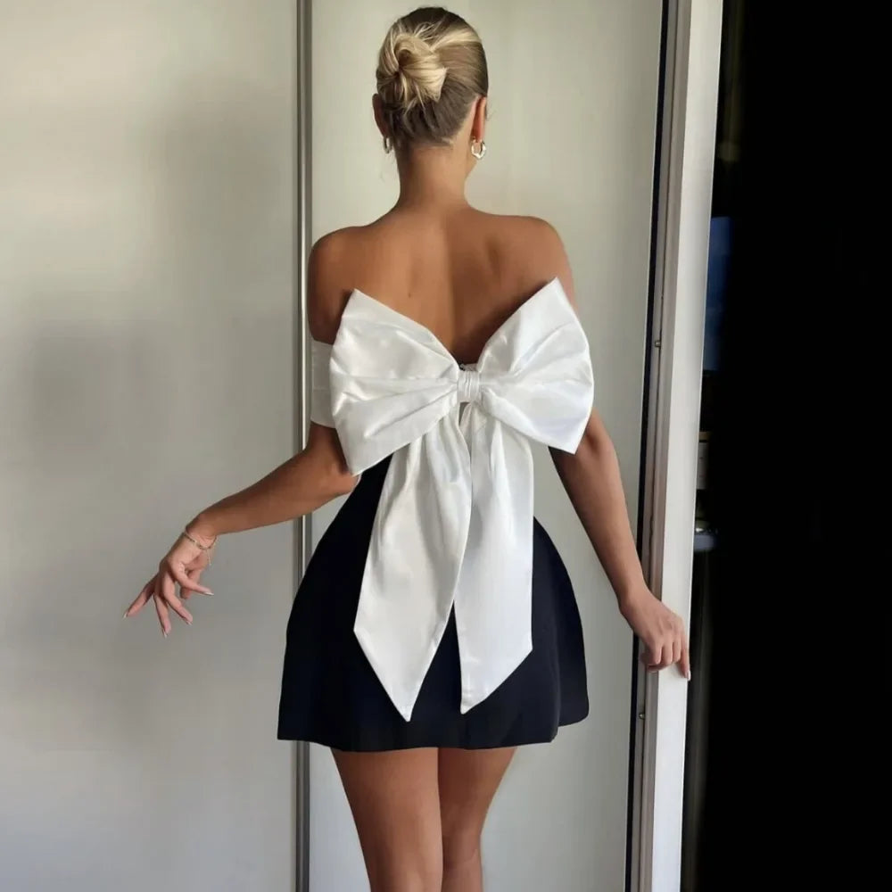 Bonnyshow Fashion Bow Mini Dress Women Elegant Off The Shoulder Bodycon A-line Dresses Sexy Backless Club Birthday Party Dress 2024 Black Tunics Chinos classic Bonnyshow Fashion Bow Mini Dress Women Elegant Off The Shoulder Bodycon A-line Dresses Sexy Backless Club Birthday Party Dress 2024 Black Tunics Chinos classic
