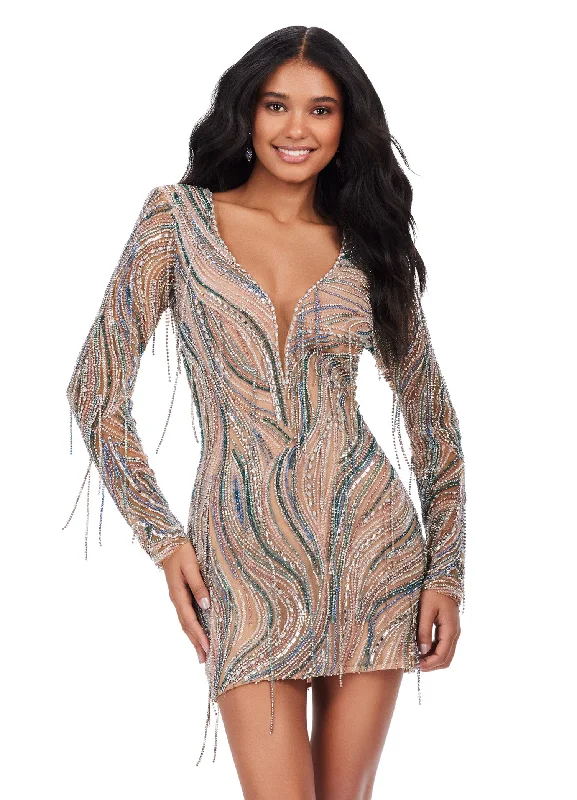 Ashley Lauren 4658 Fitted V Neck Fully Beaded Cocktail Dress with Fringe Prom Formal Tunics Practical easy-care