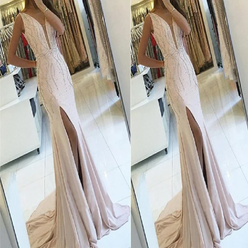 Sexy Backless Side Slit Deep V Neck Mermaid Long Evening Prom Dresses,Evening Party Dress.PDY0244 Sequined Elegant Party