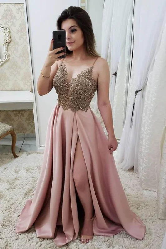 Pink A-line Spaghetti Straps Long Prom Dress Party Dress Tunics Mesh breathable