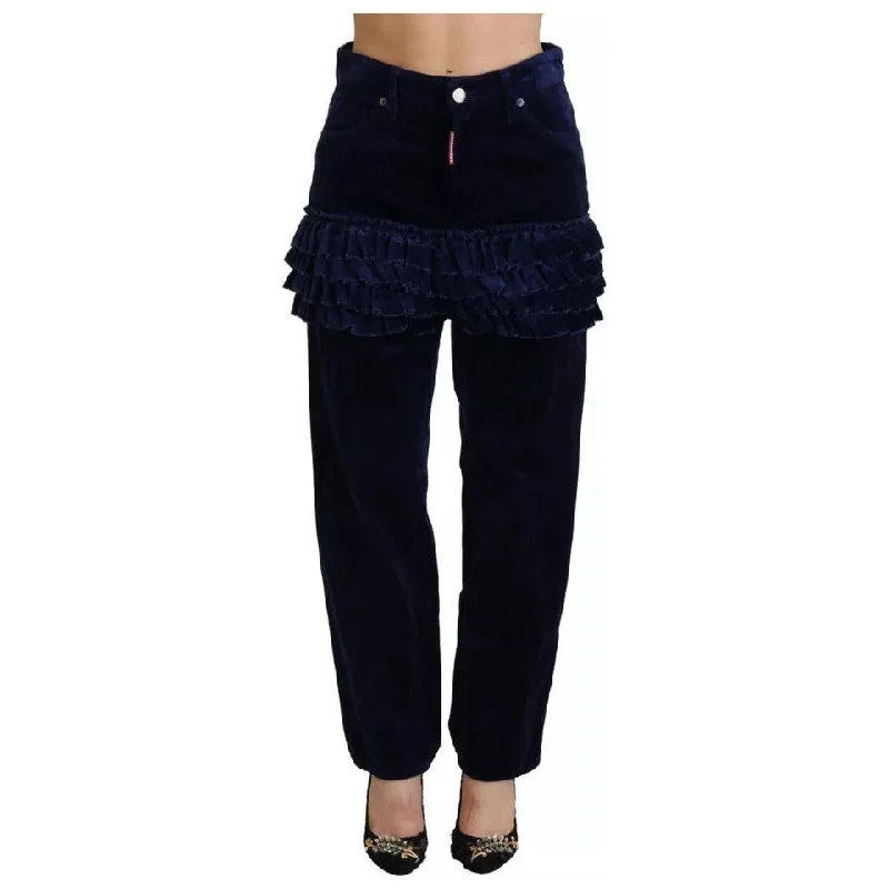 Dsquared² Blue Ruffles HighWaist Cotton Denim Boston Fit Pants Soft Cotton Pants
