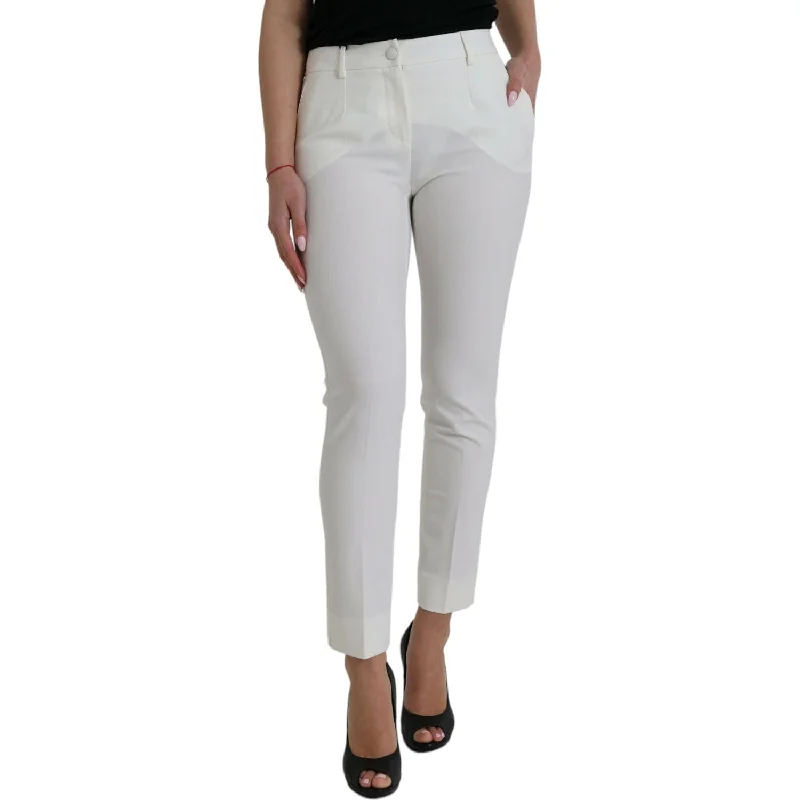 Dolce & Gabbana Elegant White Mid-Waist Tapered Pants Fashionable Button-Up Pants