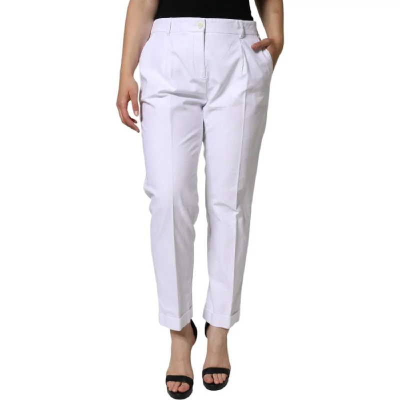 Dolce & Gabbana White Cotton Stretch Tapered Pants Comfortable Fleece Pants