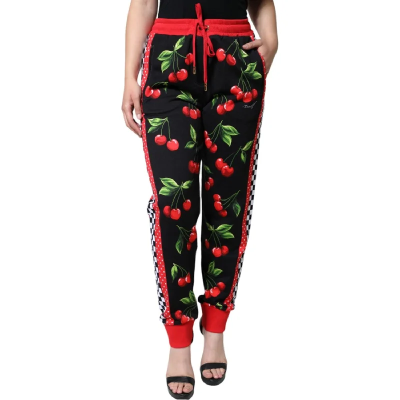 Dolce & Gabbana Black Red Cherry Mid Waist Jogger Pants Trendy Wide-Leg Pants