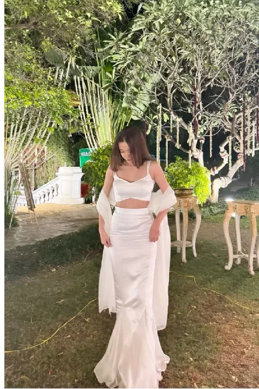 White 2 Pieces Straps Sheath Satin Long Party Dress Birthday Outfits, D252 High-Low Hemline Casual White 2 Pieces Straps Sheath Satin Long Party Dress Birthday Outfits, D252 High-Low Hemline Casual