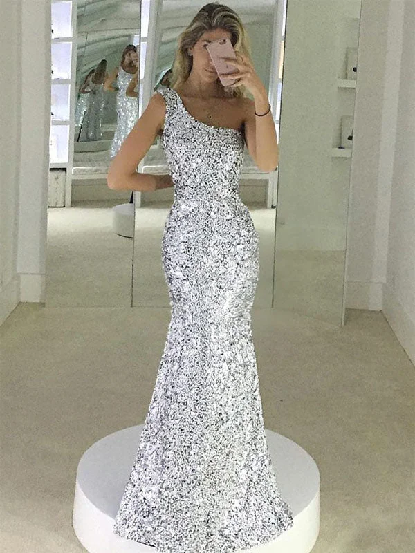 Mermaid One-Shoulder Floor-Length Silver Sequined Prom Dress,Evening Party Dresses PDY0218 Tunics Fashionable trendy