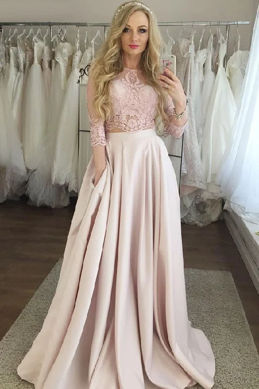 Simple Two Pieces A-line Long Lace Satin Prom Dress Party Dress Tunics Trousers formal Simple Two Pieces A-line Long Lace Satin Prom Dress Party Dress Tunics Trousers formal
