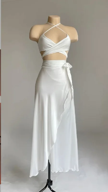 White Halter Cross Neck A-Line Satin Long Party Dress, MD7887 Mermaid Tail Wedding
