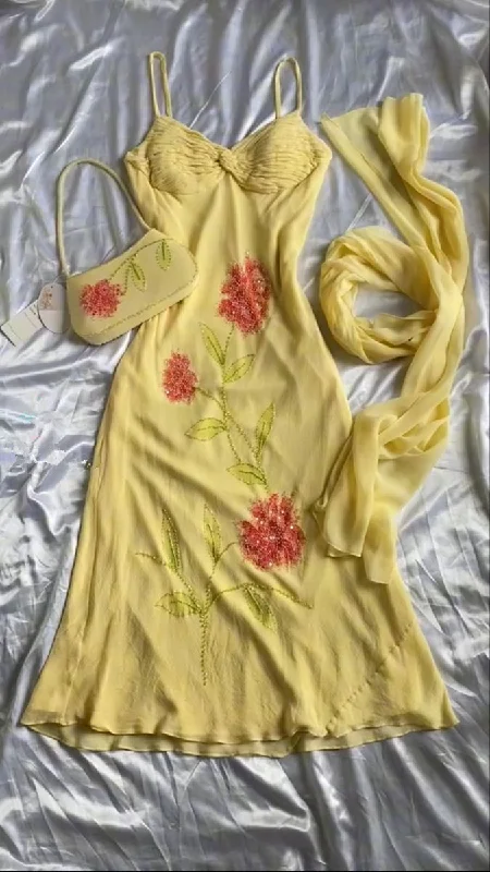 Yellow Spaghetti Straps Beading Vintage Long Evening Party Dress MD7752 Tunics Spring floral Yellow Spaghetti Straps Beading Vintage Long Evening Party Dress MD7752 Tunics Spring floral