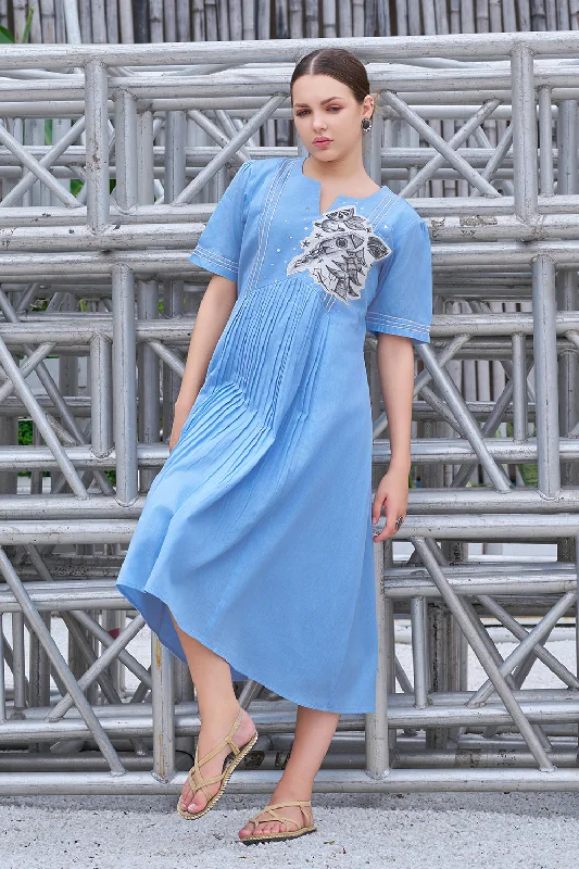 Women's Baby Blue Cotton Flex Hand Painted Dress - Curvy Lane Tunics Vintage classic Women's Baby Blue Cotton Flex Hand Painted Dress - Curvy Lane Tunics Vintage classic