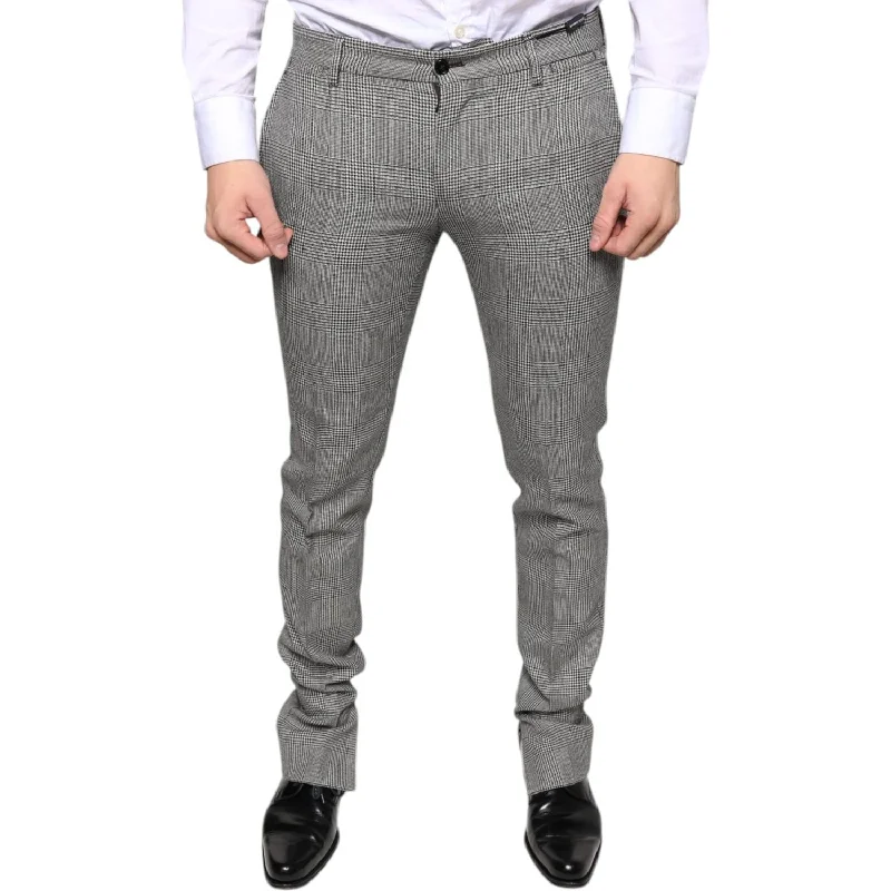 Dolce & Gabbana Gray Check Tartan Wool Skinny Pants Classic Bootcut Trousers