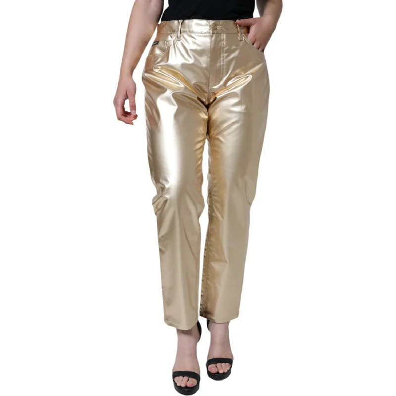 Dolce & Gabbana Metallic Gold Polyester Tapered Pants Slim-Fit Khaki Pants