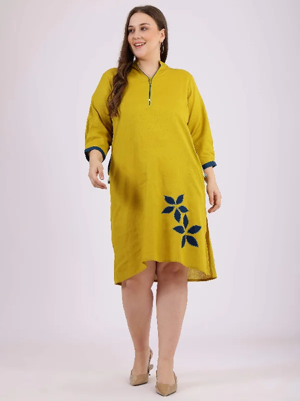 Women's Green Cotton Embroidered Dress - Curvy Lane Tunics Office stylish