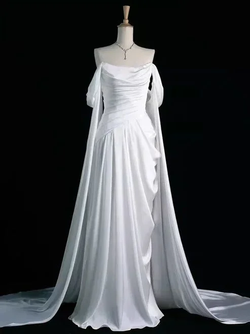 White Off Shoulder A-Line Satin Long Formal Party Dress MD7352 Pencil Length Work