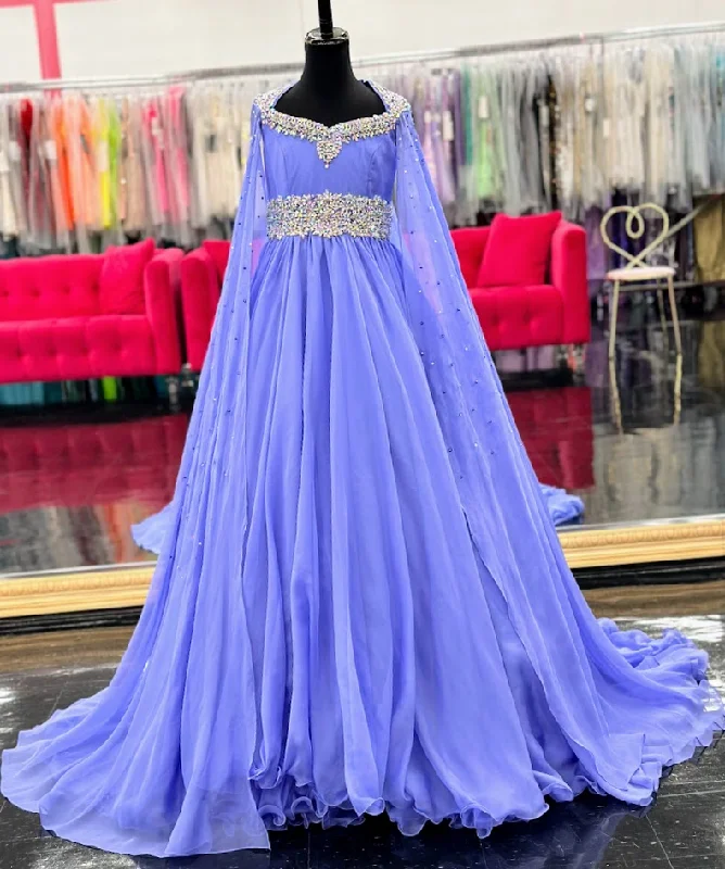 Samantha Blake 1023 Size 8 Periwinkle Girls Long Cape Sleeve Pageant Dress Crystal Cut Out A Line Chiffon Tunics Stylish modern