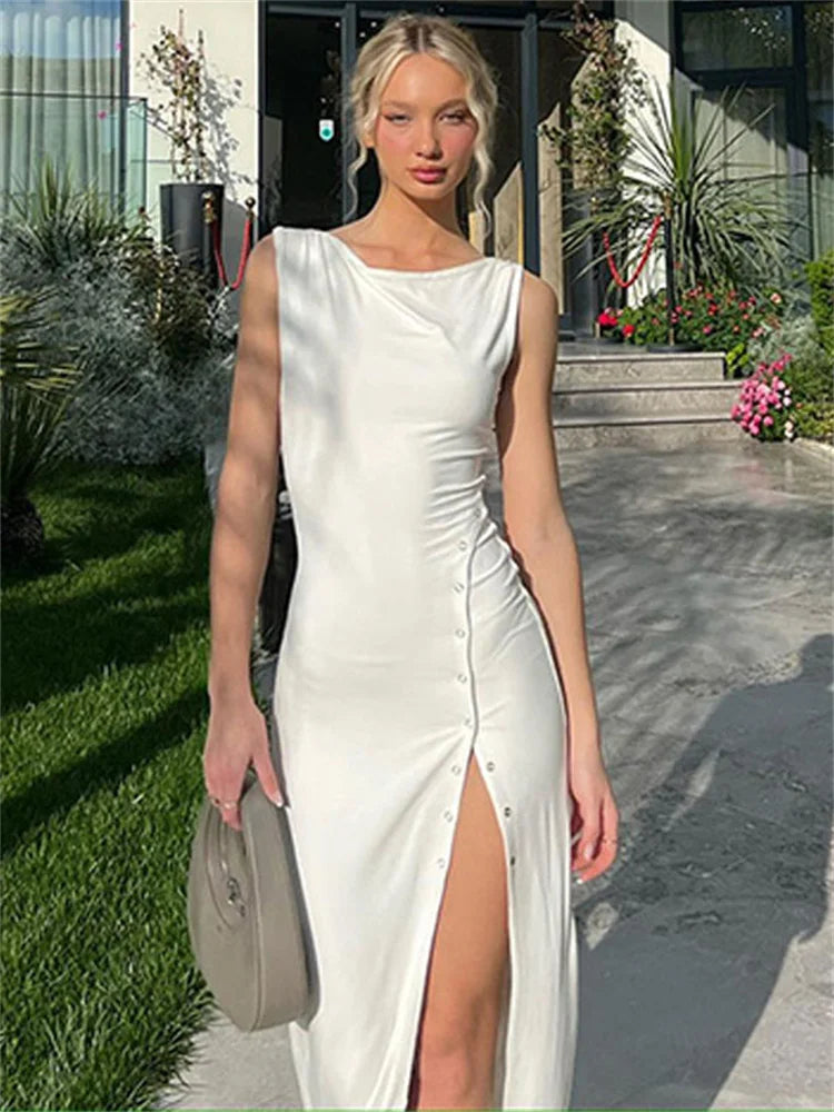 Bonnyshow Summer Elegant White Maxi Dress High Waist Sleeveless Patchwork Women's Party Dress High Split Solid Fashion Women Dress Cowl Neckline Elegant Bonnyshow Summer Elegant White Maxi Dress High Waist Sleeveless Patchwork Women's Party Dress High Split Solid Fashion Women Dress Cowl Neckline Elegant
