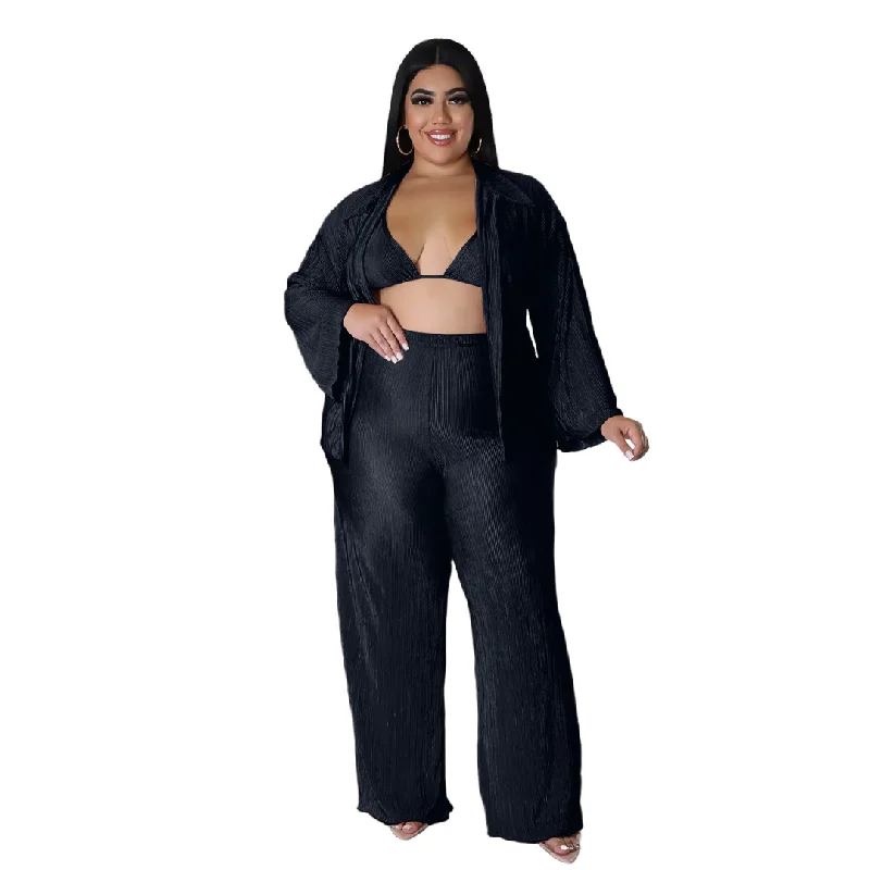 Plus Size Women Solid Color Lapel Long-Sleeved Top And Bra And Wide-Leg Pants Loose Casual Three-Piece Set Stylish Harem Pants