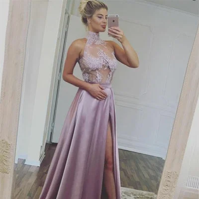 A-Line High Neck Satin Prom Dress with Appliques Split,Evening Party Dresses,PDY0243 Tunics Practical easy-care