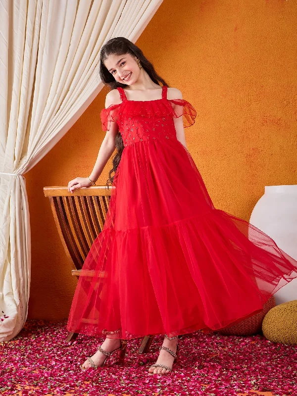 Girl's Red Polyester Solid Dress - Cherry & Jerry Maxi Flowy Bohemian