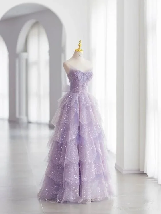 Shiny Strapless A-Line Tulle Tiered Lilac Long Formal Gown Party Dress MD7442 Tunics Corduroy durable