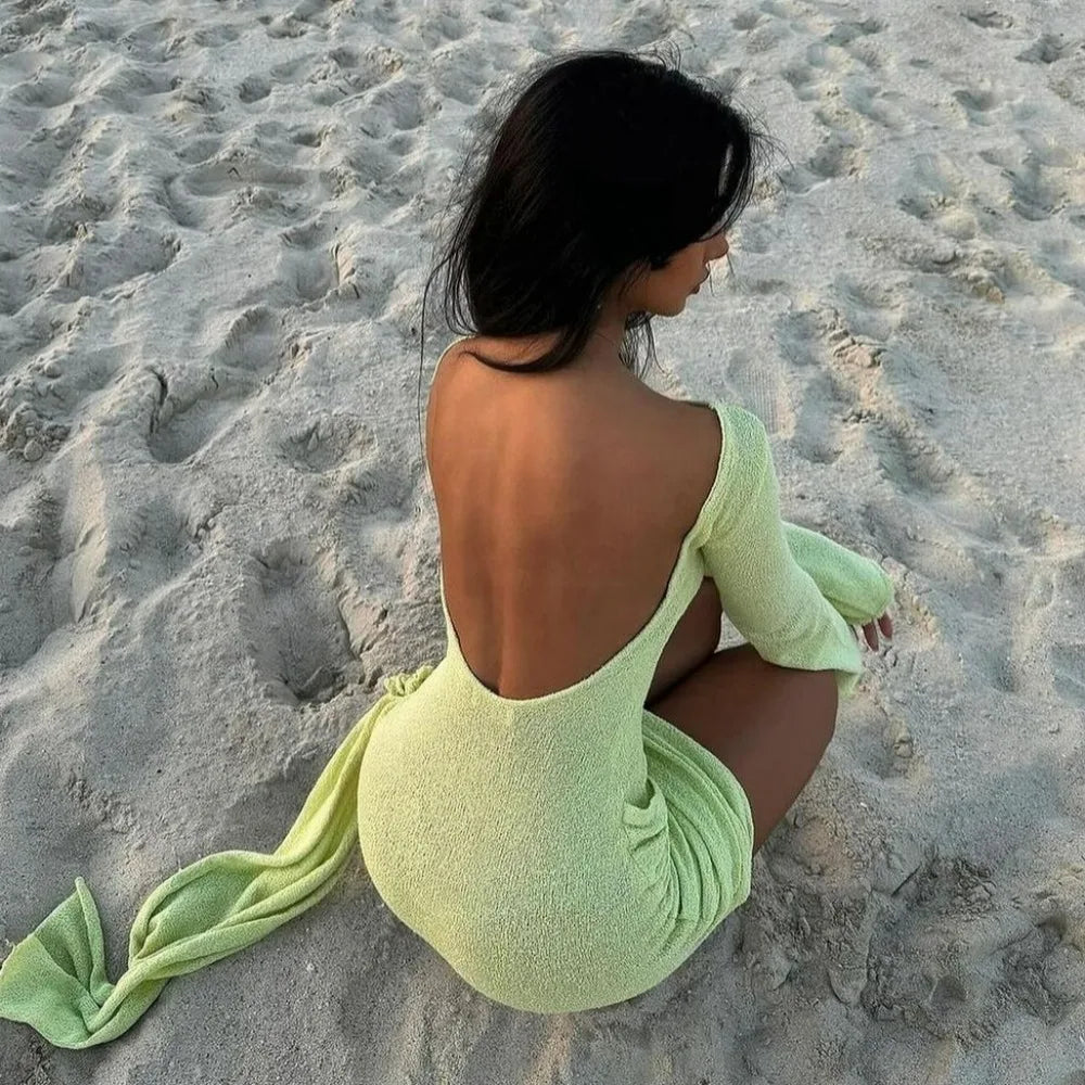 Bonnyshow Knitted Mini Beach Dress Women Sexy Backless Slim Holiday Outfits Autumn Winter Elegant Long Sleeve Solid Party Dress 2024 Tunics Gym athletic Bonnyshow Knitted Mini Beach Dress Women Sexy Backless Slim Holiday Outfits Autumn Winter Elegant Long Sleeve Solid Party Dress 2024 Tunics Gym athletic