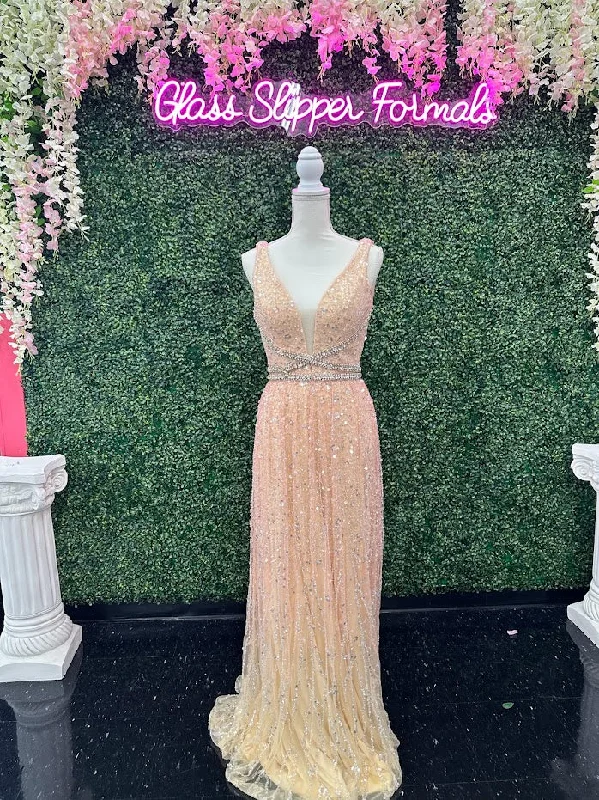 Johnathan Kayne 5400 Size 4 Champagne Long Beaded Sequin A Line Crystal Formal Evening Dress Gown V Neck Tunics Cozy soft