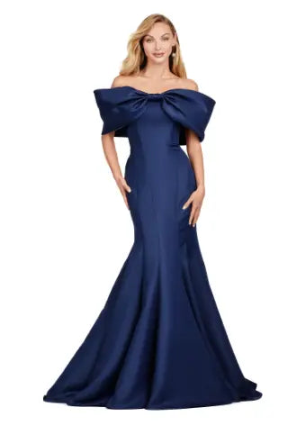 Ashley Lauren 11413 Evening Gown Mermaid Dress Off Shoulder Double Faced Satin Gown Oversized Bow Formal empire Waist empire