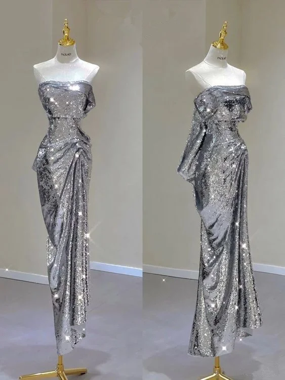 Silver Strapless Sequins Sheath Long Party Dress Birthday Outfits MD7375 Tunics Distressed trendy