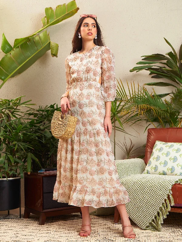 Women Cream Floral Waist Cut-Out Tiered Dress Tunics Ceremony elegant