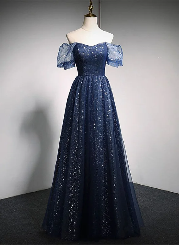Shiny Navy Blue A-Line Tulle Long Formal Party Dress Prom Gown MD7695 sweetheart Neckline Romantic