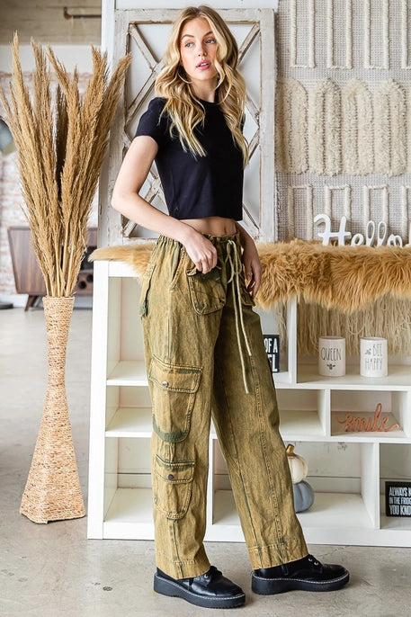 Mineral Washed Drawstring Cargo Pants in washed Light Olive Chic Wool Trousers