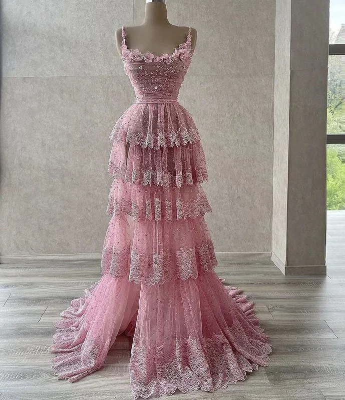Stunning Pink Spaghetti Straps A-Line Tulle Long Party Dress Birthday Outfits, D257 Tunics Handmade artisanal