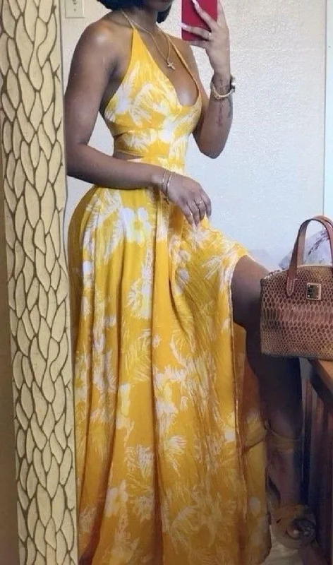 Yellow Halter A-Line Split Fashion Vacation Dress Long Party Dress, D102 Tunics Bridal satin Yellow Halter A-Line Split Fashion Vacation Dress Long Party Dress, D102 Tunics Bridal satin