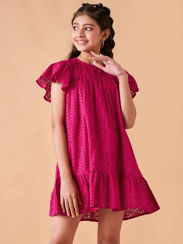 Girl's Magenta Cotton Solid Dress - Cherry & Jerry Tunics Occasion special