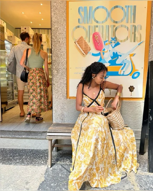 Yellow Straps Printed A-Line Long Party Dress Fashion Holiday Dress, D191 Tunics Vintage classic Yellow Straps Printed A-Line Long Party Dress Fashion Holiday Dress, D191 Tunics Vintage classic